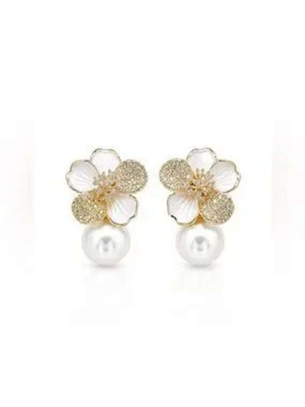 Gold Floral Pearl Drop Earrings - White & Gold